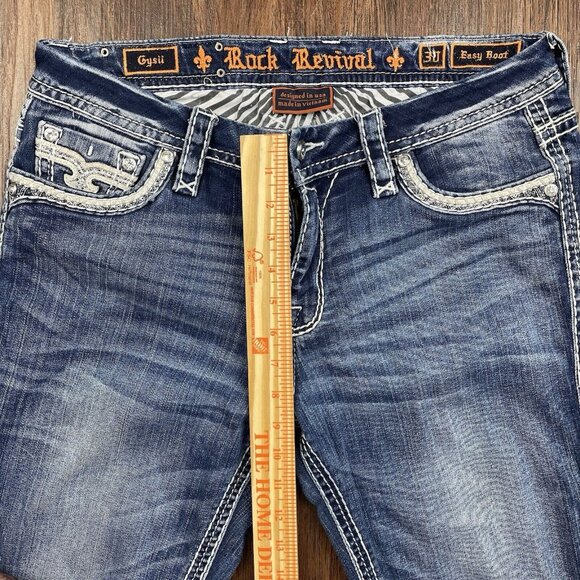Rock Revival Easy Boot Cut Jeans Women 30 Blue Dark Wash Rhinestone Sequin - Picture 12 of 14